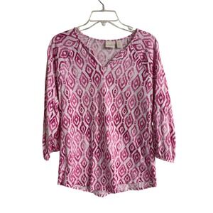 Chicos Pink White Ikat Diamond V-Neck 3/4 Sleeve Top Size 0 Small Coastal